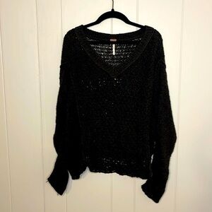 Free People Black Crop Knit V Neck Sweater